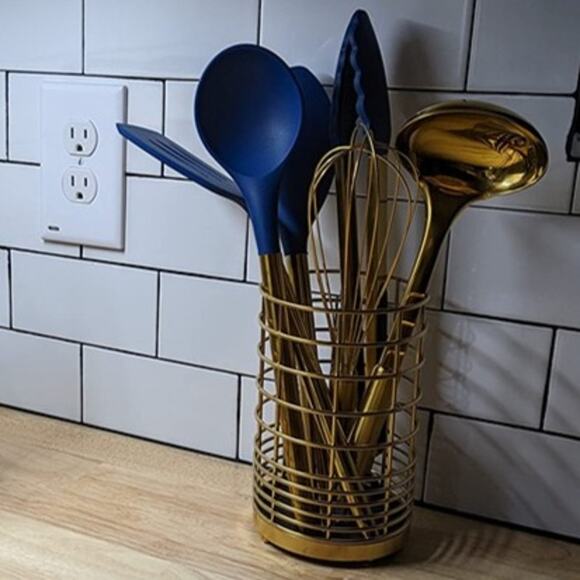 Gold and Navy Blue Kitchen Utensils Set - 7-Piece Silicone Cooking Tools - Picture 1 of 8